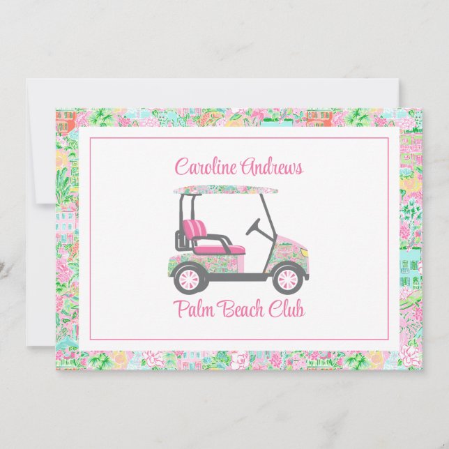 Pink & Green Palm Beach Golf Cart Personalized Thank You Card (Front)