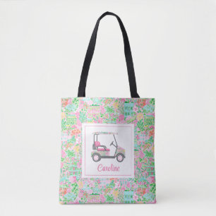 Pink & Green Palm Beach Golf Cart Personalized Tote Bag