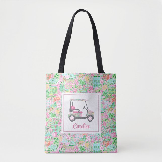 Pink & Green Palm Beach Golf Cart Personalized Tote Bag (Front)