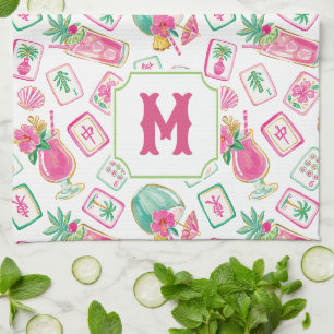 Pink & Green Palm Beach Mahjong & Mixers Monogram Kitchen Towel