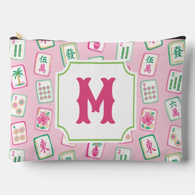 Pink & Green Palm Beach Mahjong Tiles Monogram Accessory Pouch (Front)