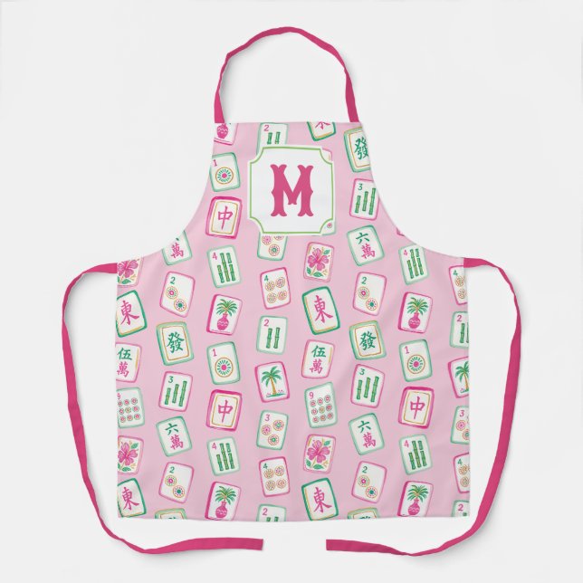 Pink & Green Palm Beach Mahjong Tiles Monogram Apron (Front)