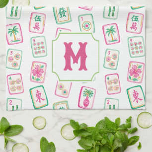 Pink & Green Palm Beach Mahjong Tiles Monogram Kitchen Towel