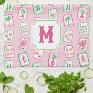 Pink & Green Palm Beach Mahjong Tiles Monogram Kitchen Towel