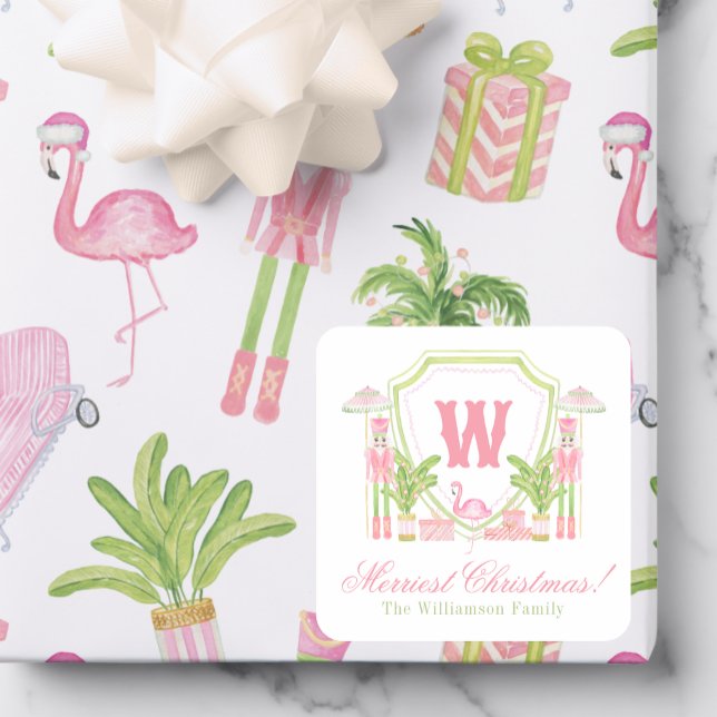 Pink & Green Palm Beach Nutcracker Monogram Crest Square Sticker (Creator Uploaded)