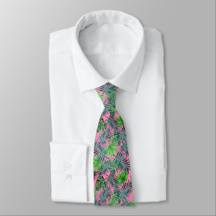 Pink Green Palm Leaf Pattern Tropical Neck Tie