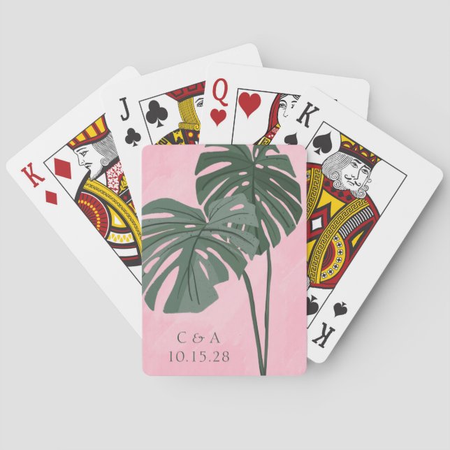 Pink Green Palm Leaf Personalized Wedding Initials Playing Cards (Back)