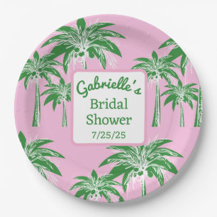 Pink Green Palm Tree Bridal Shower Custom Name Paper Plate
