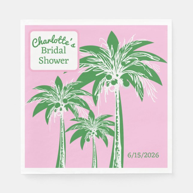Pink Green Palm Tree Bridal Shower Script Name Napkin (Front)