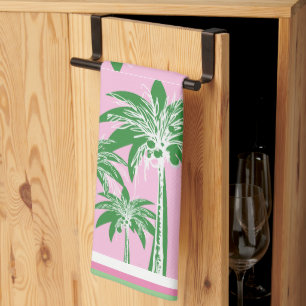 Pink Green Palm Tree Preppy Coastal Beach Kitchen Towel