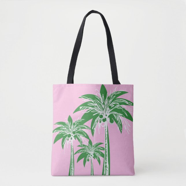 Pink Green Palm Tree Preppy Girly Beach Tote Bag (Front)