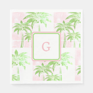Pink Green Palm Tree Preppy Ombre Square Monogram Napkin