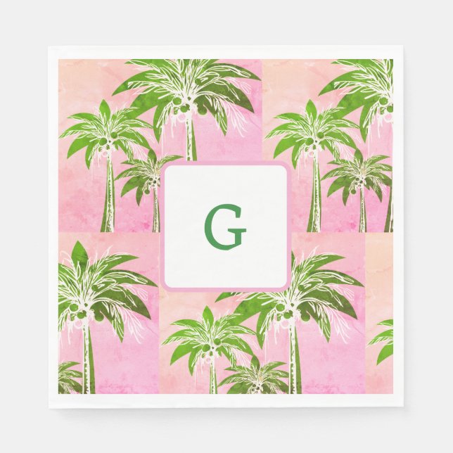 Pink Green Palm Tree Preppy Summer Ombre Monogram Napkin (Front)