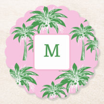 Pink Green Palm Tree Preppy Summer Shower Monogram