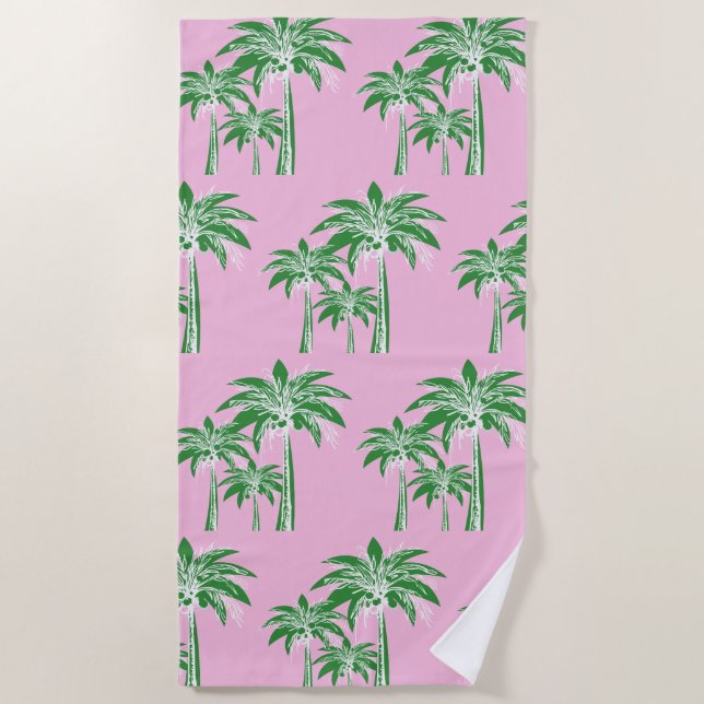 Pink Green Palm Trees Preppy Girly Pool Beach Towel (Front)