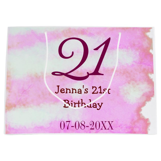 Pink green pastel 21st birthday simple name date g large gift bag (Front)