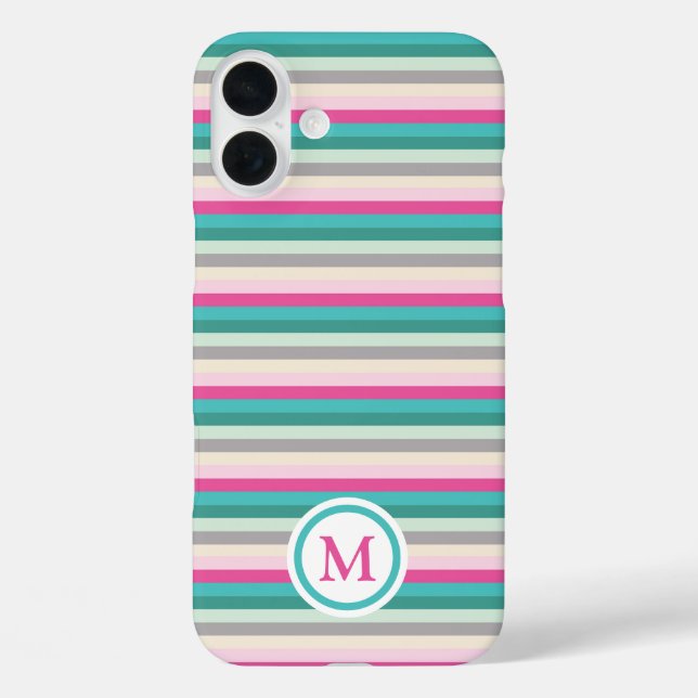 Pink Green Pastel Striped Monogram Case-Mate iPhone Case (Back)