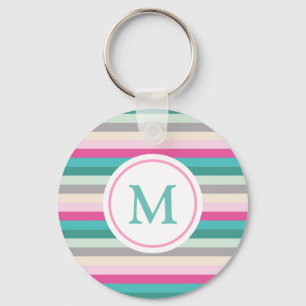 Pink Green Pastel Striped Monogram Keychain