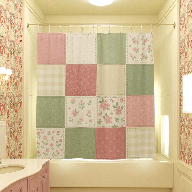 Pink Green Patchwork Quilt Rustic Farmhouse Floral (Pink Green Patchwork Quilt Rustic Farmhouse Floral Shower Curtain)