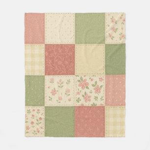 Pink Green Patchwork Quilt Rustic Farmhouse Floral Fleece Blanket