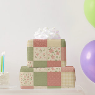 Pink Green Patchwork Quilt Rustic Farmhouse Floral Wrapping Paper