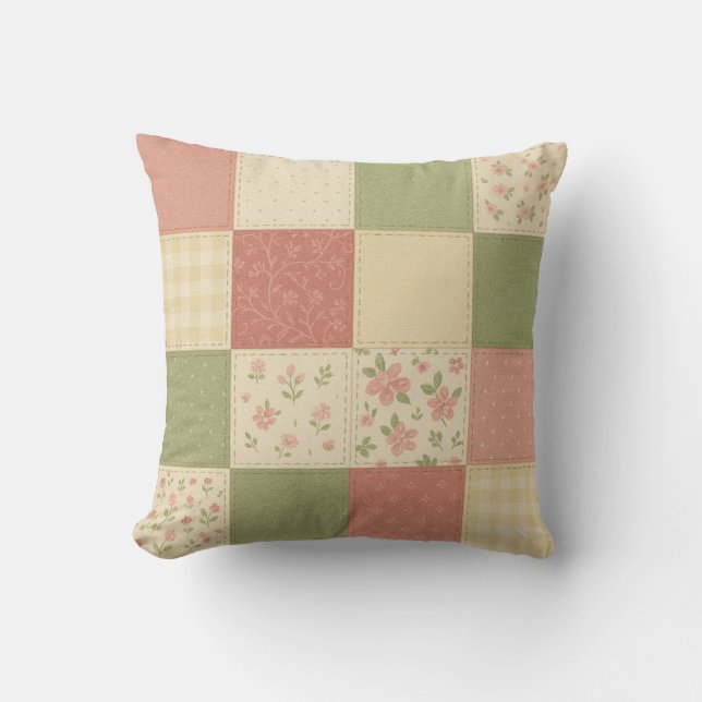 Pink Green Patchwork Quilt Rustic Farmhouse  Throw Pillow (Front)