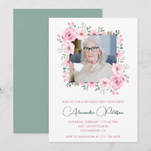Pink Green Photo Floral Frame 92nd birthday Invitation