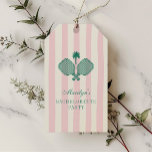 Pink Green Pickleball Bachelorette Party Thank You Gift Tags<br><div class="desc">Throw a bachelorette party by the pickleball court with this elegant and vintage-inspired pickleball bachelorette party collection. It features a light pink striped background,  and an illustration of a palm tree and two pickleball paddles. These gift tags can be used as thank you tags.</div>