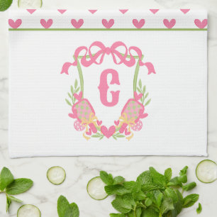 Pink & Green Pickleball Paddle Monogram Crest Kitchen Towel