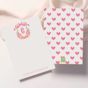 Pink & Green Pickleball Paddle Monogram Crest Thank You Card