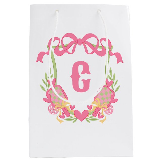 Pink & Green Pickleball Paddles Monogram Crest Medium Gift Bag (Front)