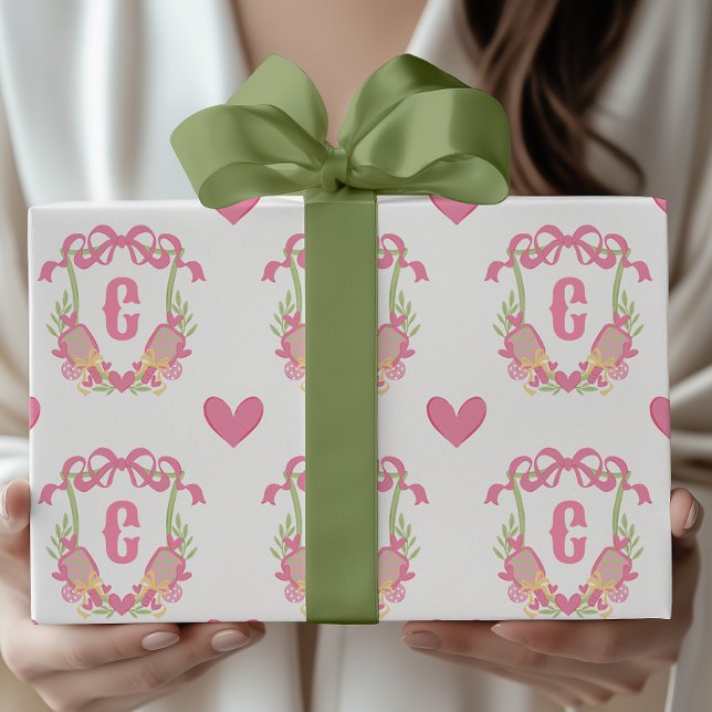 Pink & Green Pickleball Paddles Monogram Crest Wrapping Paper (Creator Uploaded)