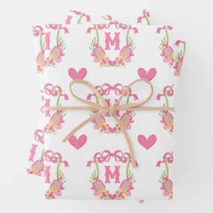 Pink & Green Pickleball Paddles Monogram Crest Wrapping Paper Sheet