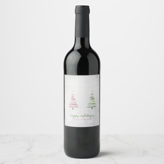Pink Green Pine Tree Snow Holiday    Wine Label (Front)