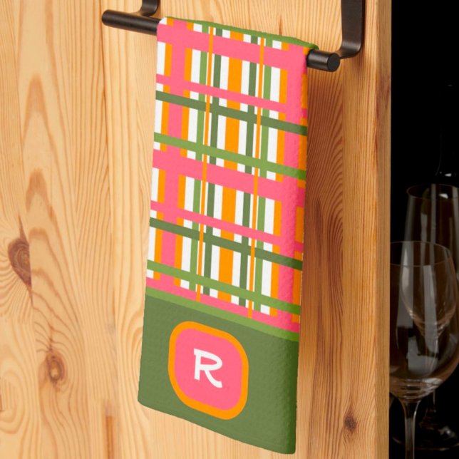 Pink Green Plaid Chic Monogram Initial  Kitchen Towel (Creator Uploaded)