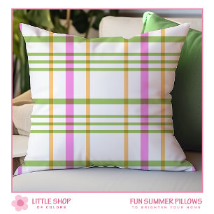 Pink Green Plaid Summer Throw Pillow