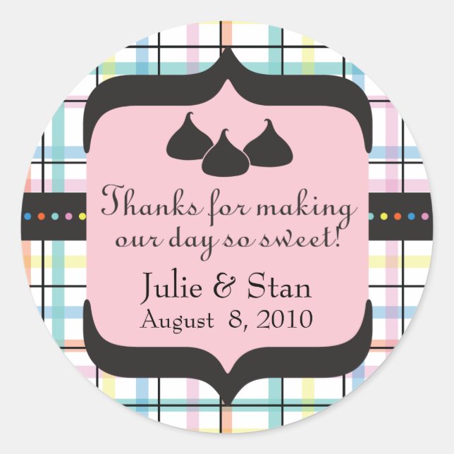Pink Green Plaid Wedding Candy Table Classic Round Sticker (Front)