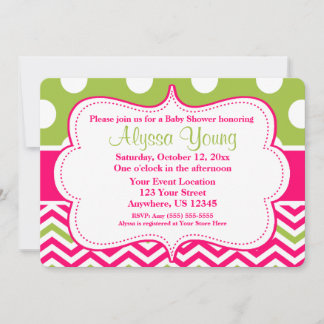 Pink Green Polka Dots Chevron Invitation