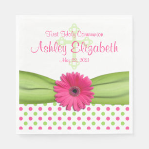 Pink Green Polka Dots First Communion Personalized Napkin