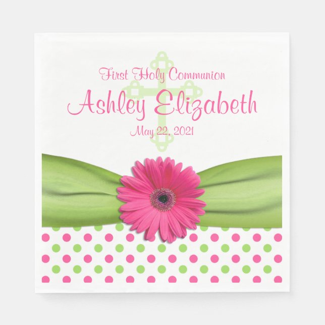 Pink Green Polka Dots First Communion Personalized Napkin (Front)