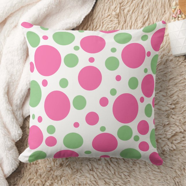 Pink Green Polka Dots Solid Pink Throw Pillow (Blanket)