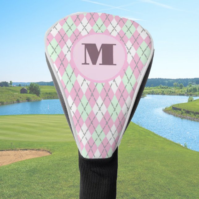 Pink Green preppy argyle custom monogram ladies Golf Head Cover (Creator Uploaded)