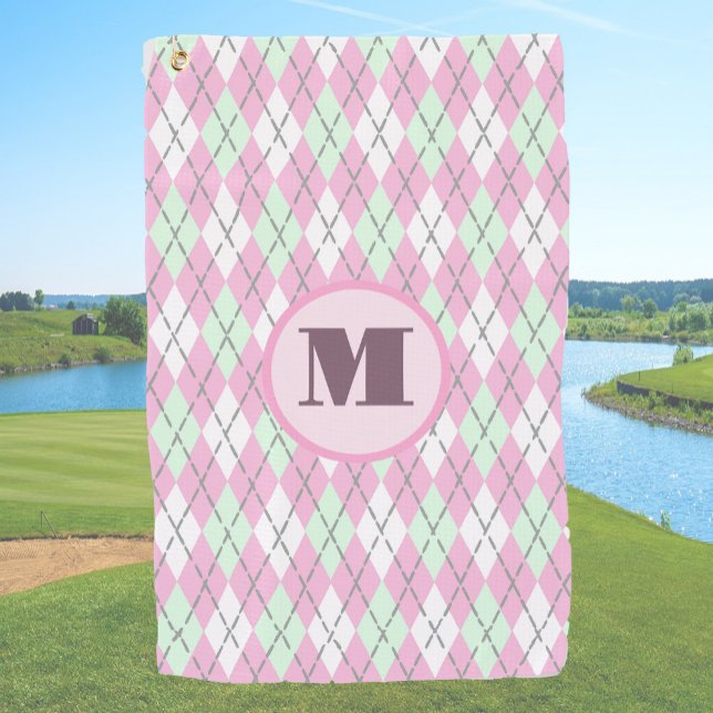 Pink green preppy argyle custom monogram ladies golf towel (Creator Uploaded)