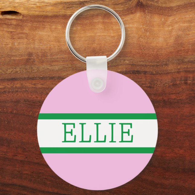 Pink Green Preppy Personalized Backpack Tag Keychain (Front)