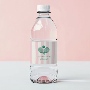 Pink Green Preppy Pickleball Birthday Party Water Bottle Label