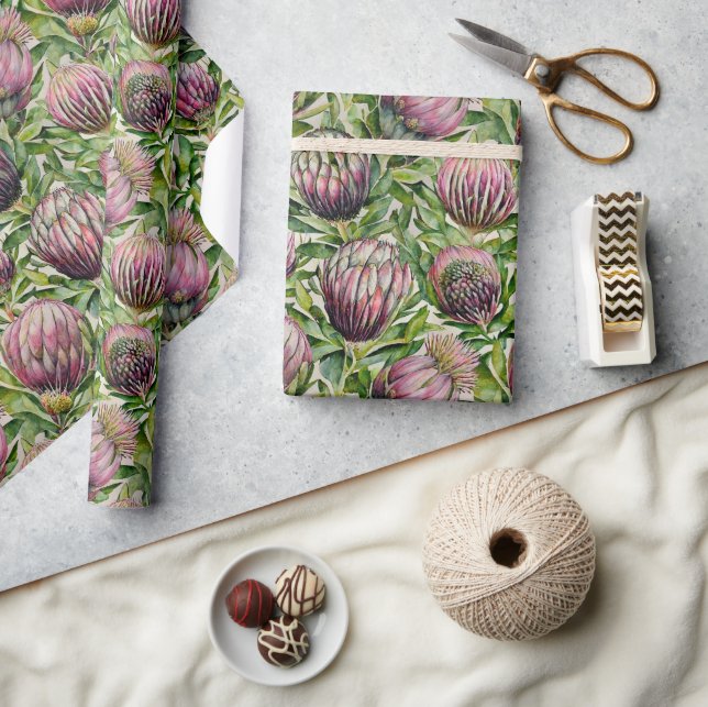Pink & Green Protea Flowers Pattern Wrapping Paper (Crafts)