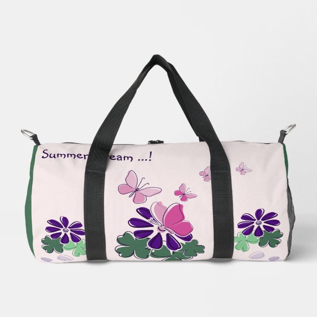 Pink Green Purple Doodle Blooms Butterflies Slogan Duffle Bag (Front)