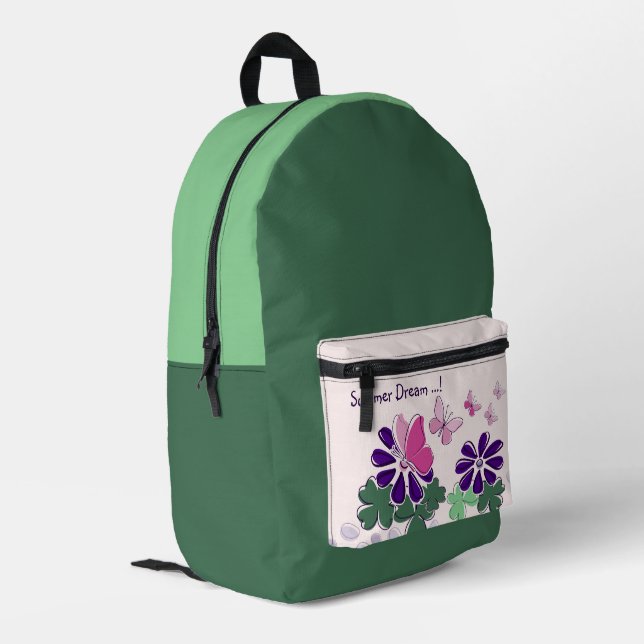 Pink Green Purple Doodle Blooms Butterflies Slogan Printed Backpack (Back Corner Left)