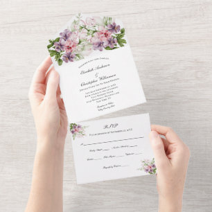 Pink Green Purple Floral Elegant Classic Wedding  All In One Invitation