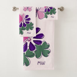 Pink Green Purple Flower Butterfly Doodle Initials Bath Towel Set